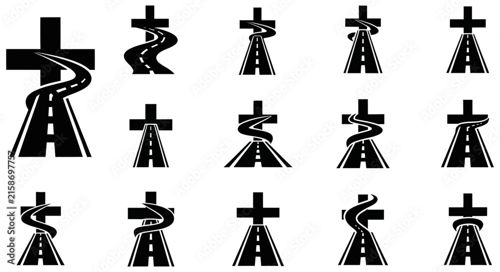 Fototapeta premium Road Intersection Silhouettes Black And White Vector Graphics crossroad junction
