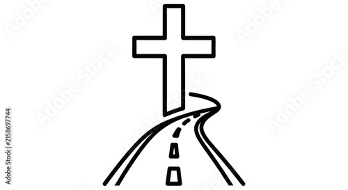 Фотография Road leading to a cross black line drawing on a white background