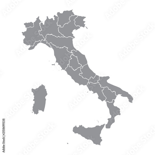 Detailed Grey Map of Italy with Regions Isolated on White Background