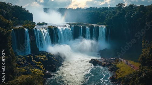 Majestic cascading waterfalls with mist and rainbow over a lush rainforest river, rocky cliffs and a distant viewing path evoking awe and tranquility