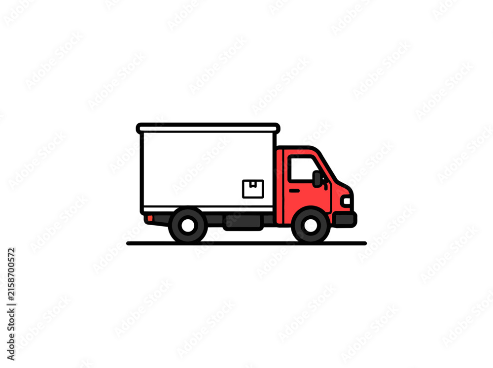 Fototapeta premium Red Delivery Truck With White Cargo Container And Black Wheels Depicted In Minimalist Line Art Vector Illustration