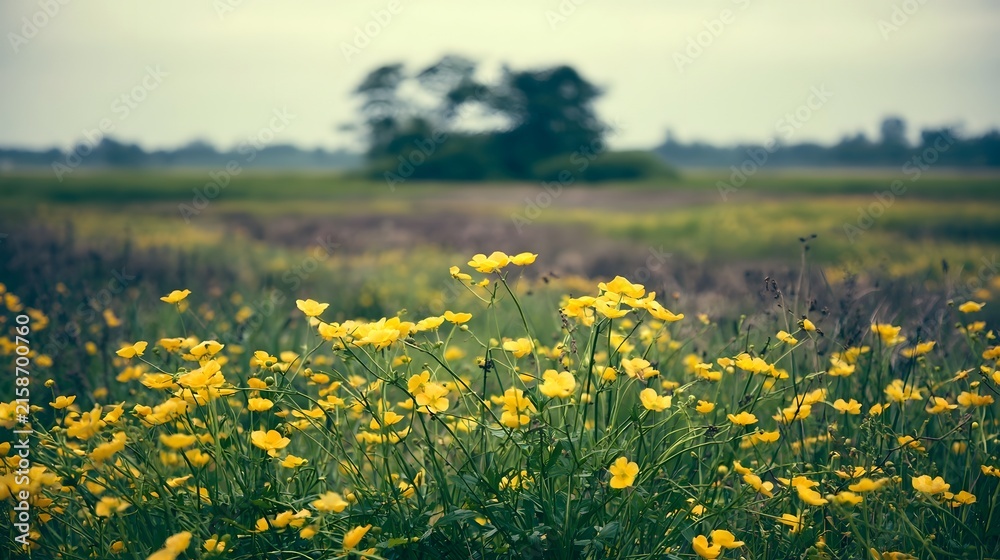 Naklejka premium A field of yellow wildflowers sways gently under soft daylight with blurred trees and open landscape stretching into distance