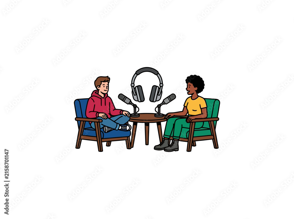Fototapeta premium Podcast Interview Setup With Two People Sitting In Chairs Microphones And Headphones On A Table In A Cartoon Illustration Vector Illustration