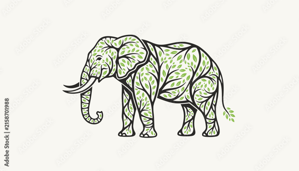 Fototapeta premium Silhouette profile of an elephant elegantly filled with green leaves and branches on a clean white background.