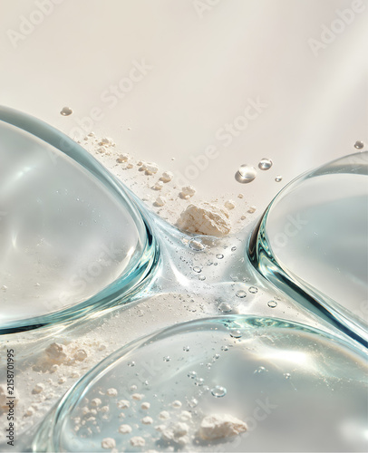 Close-up of clear liquid and powder with bubbles