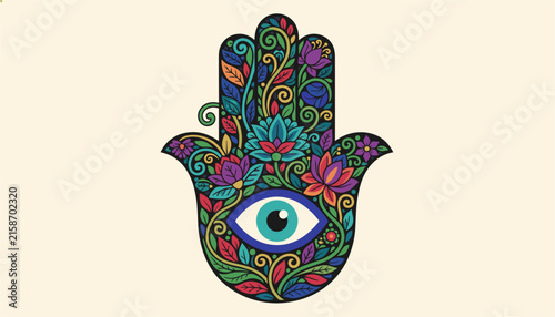 Intricately decorated hamsa hand with an evil eye and beautiful lotus flowers in vibrant red, blue, and green.
