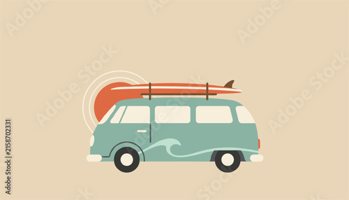 Vintage mint green camper van with a surfboard on its roof parked against a simple retro orange sunset circle.
