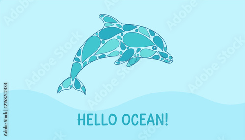 Blue dolphin leaping out of the water created with abstract blue droplets above the text Hello Ocean.