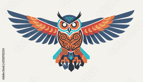 Majestic stylized owl with open wings decorated in tribal native patterns of orange, blue, and teal colors.