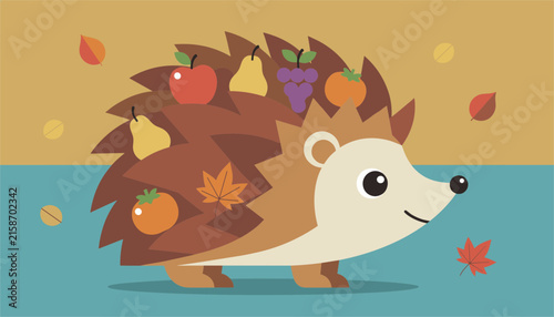Friendly cartoon hedgehog carrying autumn harvest fruits like apples, pears, grapes, and fallen maple leaves on its back.