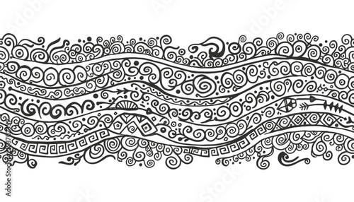 Horizontal seamless border with hand drawn abstract black waves, spirals, and ethnic patterns on a white background.