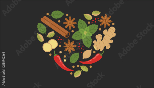 Beautiful heart shape composition made of aromatic cooking spices, ginger root, and green mint leaves on a dark background.