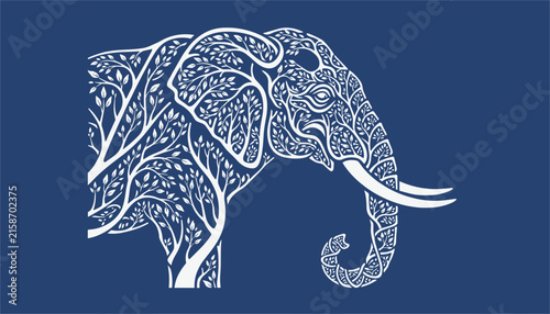 Elegant white silhouette of an elephant composed of detailed tree branches and leaves on a dark blue background.