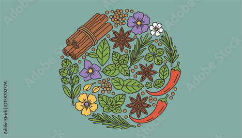 Circular composition of various aromatic cooking spices, green herbs, and small flowers on a dusty teal background.