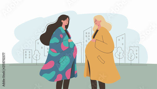 Two pregnant women talking together against a stylized city background on a peaceful autumn or spring day.