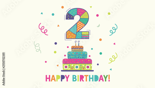 Colorful second birthday card featuring a large patchwork number two above a sweet multi tiered cake with candles.