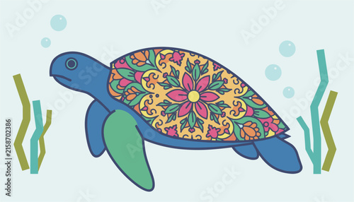 Colorful sea turtle with a beautiful floral mandala pattern on its shell swimming underwater near aquatic plants.