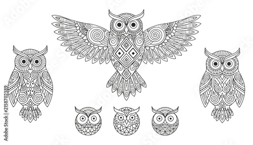 Collection of detailed owl designs in ethnic style with beautiful geometric patterns for adult coloring book pages.