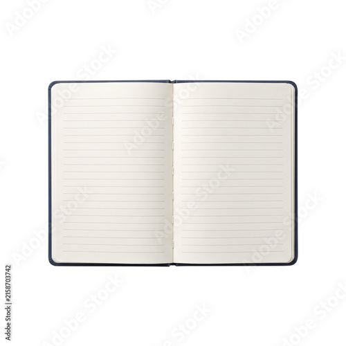 Open notebook with lined pages and blue hardcover