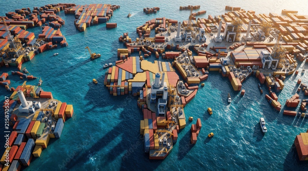 Fototapeta premium Global logistics network shows shipping containers shaped like world map on blue ocean. Massive cargo vessels, industrial plants connect continents through sea trade. Automated supply chain hub