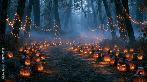 Glowing carved pumpkins illuminate dark forest trail with mystical orange fairy lights on white background