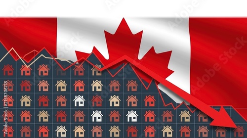Canada housing market crash, real estate downturn, mortgage crisis concept with falling chart and flag.