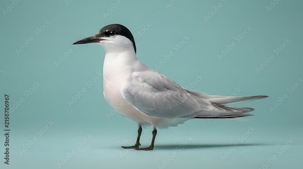 Fototapeta premium Elegant arctic tern with black cap and white plumage stands against solid teal background for wildlife photography studies or educational marine bird illustrations and coastal nature graphic design.