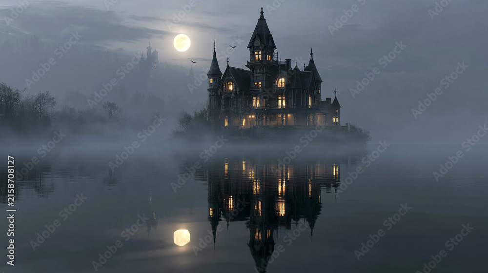 Naklejka premium Spooky victorian gothic mansion glowing with warm interior lights in dark misty lake on white background
