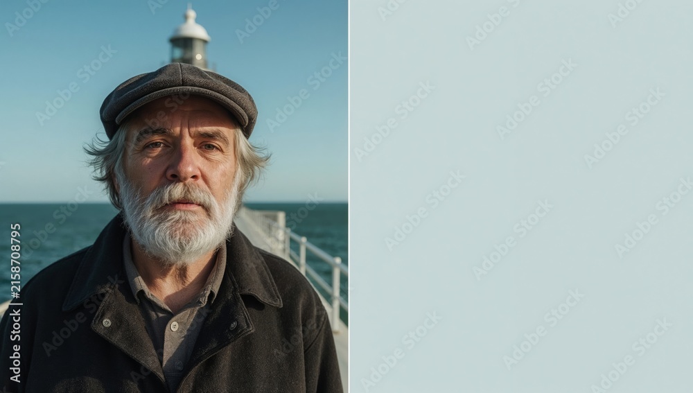 Fototapeta premium Older lighthouse keeper with gray beard and wool cap stands on lamp room walkway overlooking the ocean, lighthouse structure visible in the background