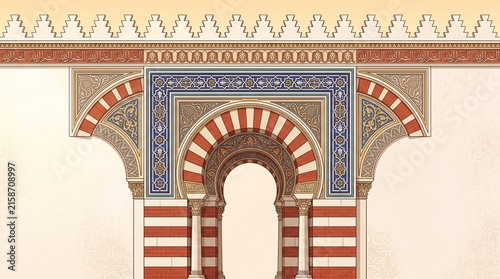 Moorish horseshoe arch with alternating red and white voussoirs, framed by intricate geometric and floral patterns in blue, beige, and red, topped with triangular crenellations.