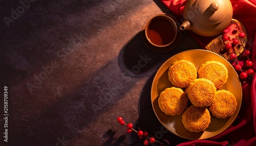 Mooncakes with Clay Teapot and Red Silk Illustration