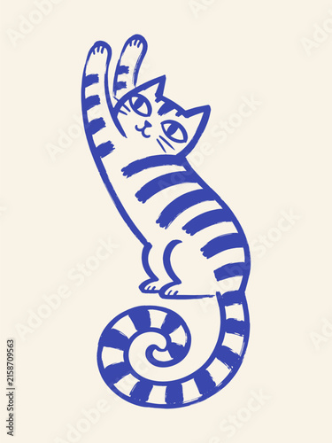 Stretching Cat Naive Style Illustration