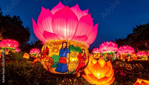 Illuminated Lotus Lanterns at Night Festival Illustration