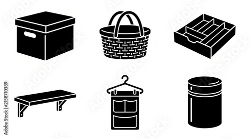 Six black-and-white icons in grid: storage box, laundry basket, drawer organizer, wall shelf, hanging closet organizer, and cylindrical container, minimalist household organization symbols.