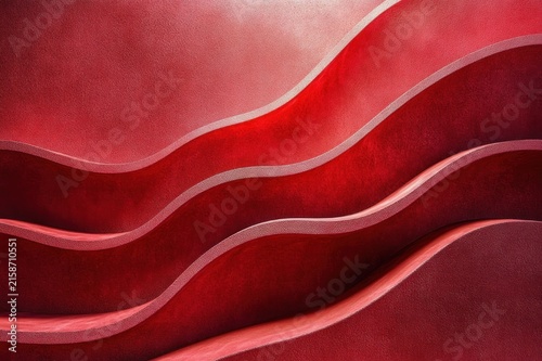 Layered undulating red curved bands with textured finish and dramatic lighting conveying warm, rhythmic, flowing movement and bold, sensual energy