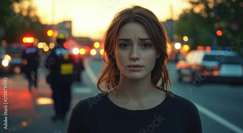 person standing on a city street at dusk with emergency vehicles and flashing lights, tense anxious mood