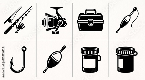 Eight black-and-white icons: fishing rods, reel, tackle box, floats, hook, and medicine bottles, combining fishing gear with wellness symbols in a minimal illustrative grid.