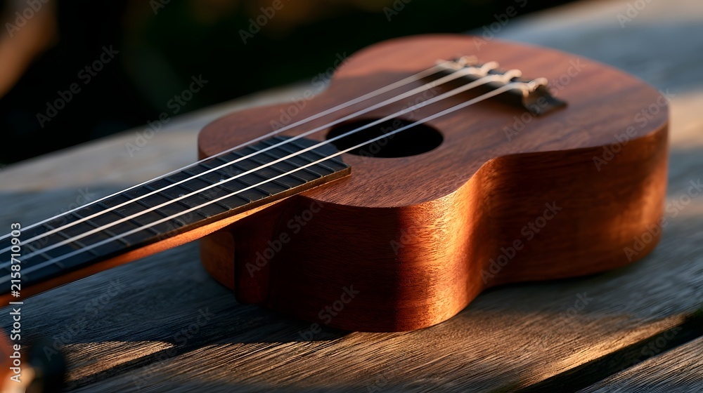 Fototapeta premium A wooden ukulele rests on a weathered wooden surface bathed in warm golden light during late afternoon