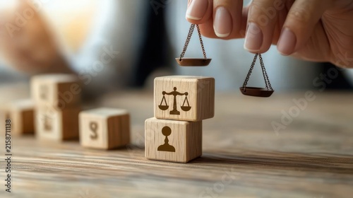 Hand holding a miniature balance scale over stacked wooden blocks showing a justice scale and person icon on a wooden table, evoking careful thoughtful decision making