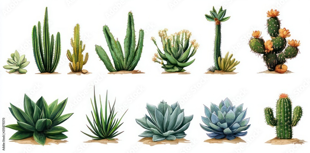 Fototapeta premium calm cheerful assortment of green succulents and flowering cacti in varied shapes with sandy bases on white background