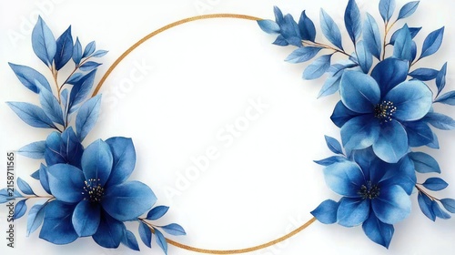 elegant gold circular frame bordered by blue flowers and leaves on white background, serene and refined