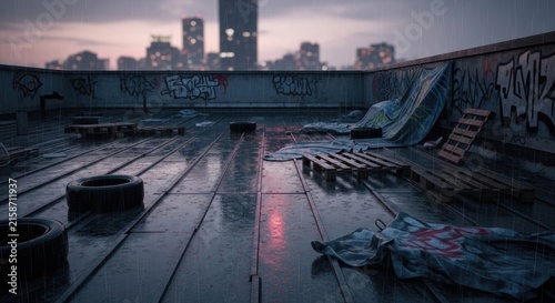 Rooftop View of a City at Dusk.
