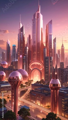 Futuristic metropolis bathed in warm rose hues during a tranquil dawn