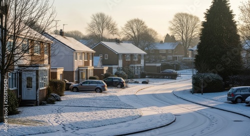 Snowy Street Scene in Residential Area.