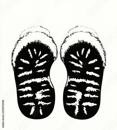 pair of fur-lined slippers seen from above with patterned soles, cozy and inviting home comfort