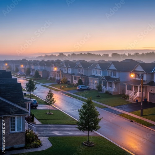 Suburban Street at Sunrise - A Peaceful Morning.