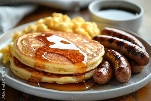 stack of golden pancakes with butter and maple syrup, grilled sausages, fluffy scrambled eggs and a cup of coffee on a plate conveying a warm comforting breakfast