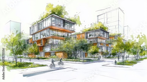 modern stacked glass and wood apartment buildings with rooftop gardens, street trees, cyclists and pedestrians in a peaceful, inviting urban watercolor architectural sketch