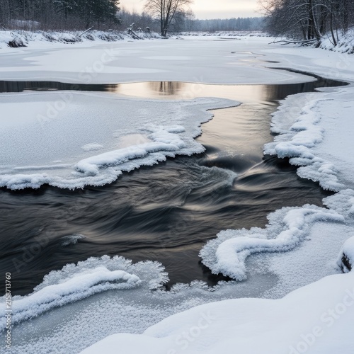 Winter River Scene with Snow and Ice.