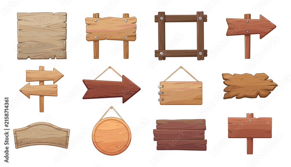 Fototapeta premium Wooden Sign Board Set with Blank Rustic Plank, Arrow and Frame Vector Illustration Collection